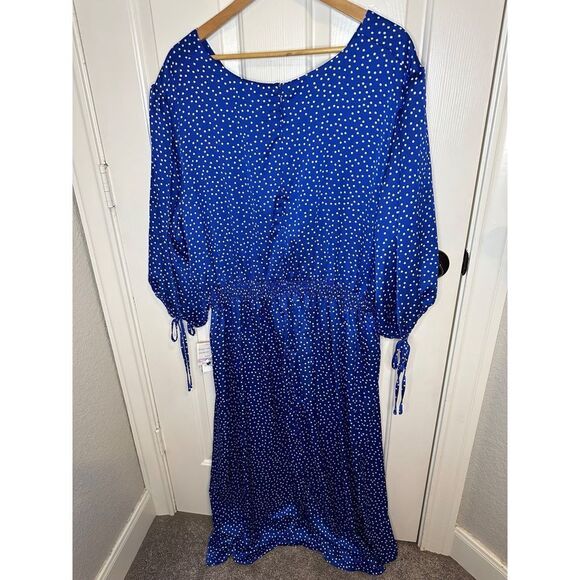 BNWT Taylor Blue Ivory Polka Dot V-Neck Elbow Tie Sleeve Smocked Maxi Dress 22W - Picture 4 of 12
